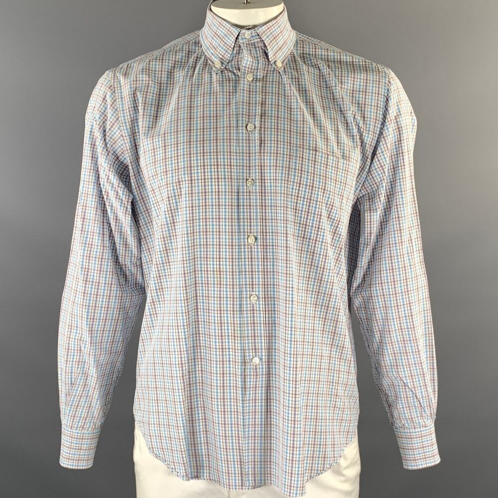 LORO PIANA Size XL White Purple Blue Plaid Cotton Long Sleeve Shirt